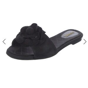 CHANEL Black Suede Camellia Slide Sandals